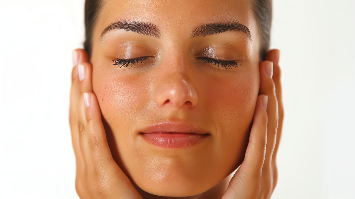 Closeup portrait of a beautiful young woman with flawless skin and dark hair
