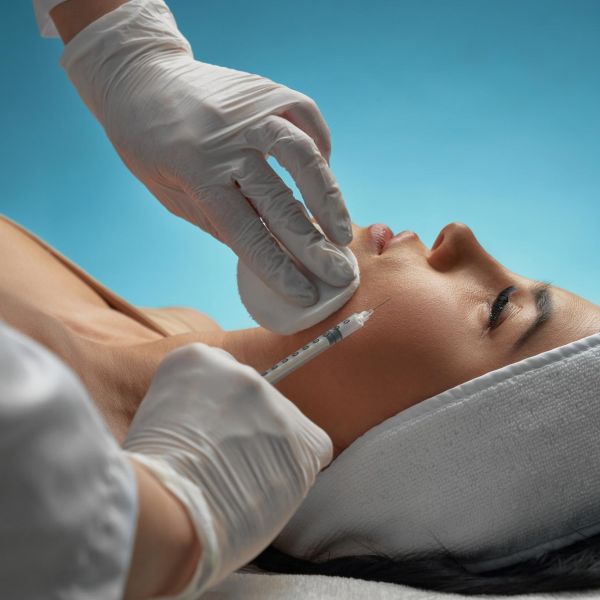 Cosmetologist using syringe to correct female face