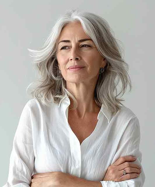 mature woman with grey hair posing for the camera with her hands folded