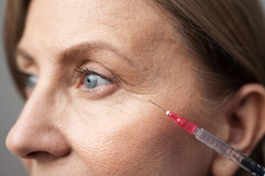 close up of woman receiving a antiwrinkle injection in her face